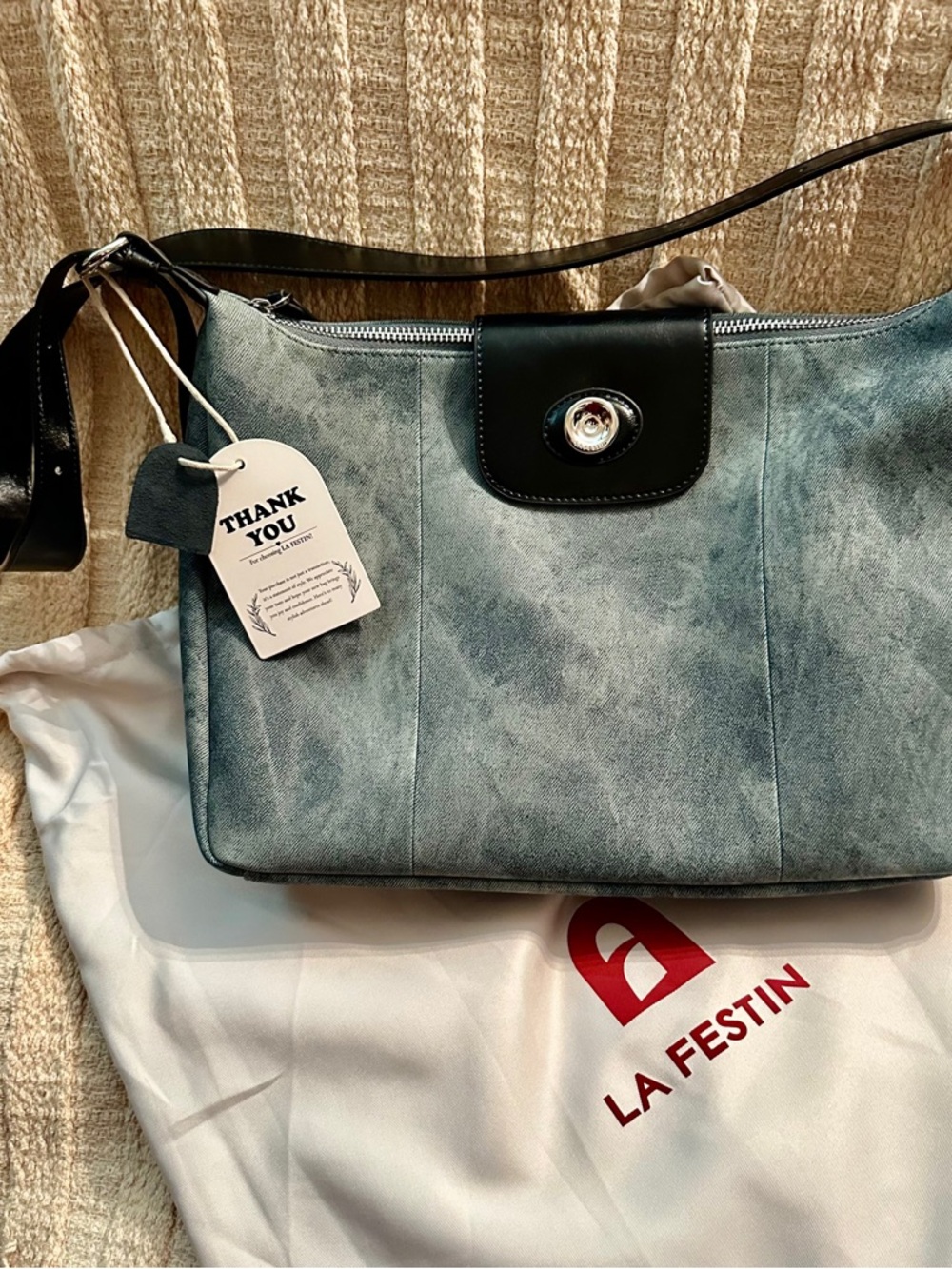 NWT Shoulder Bag in Distressed Denim and Black Leather - Picture 2 of 16